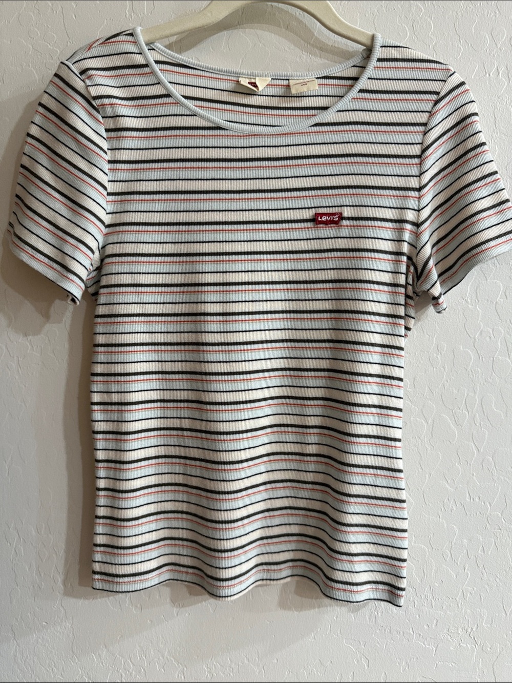 Levi's Cream Short Sleeve Striped Tee with Red Logo